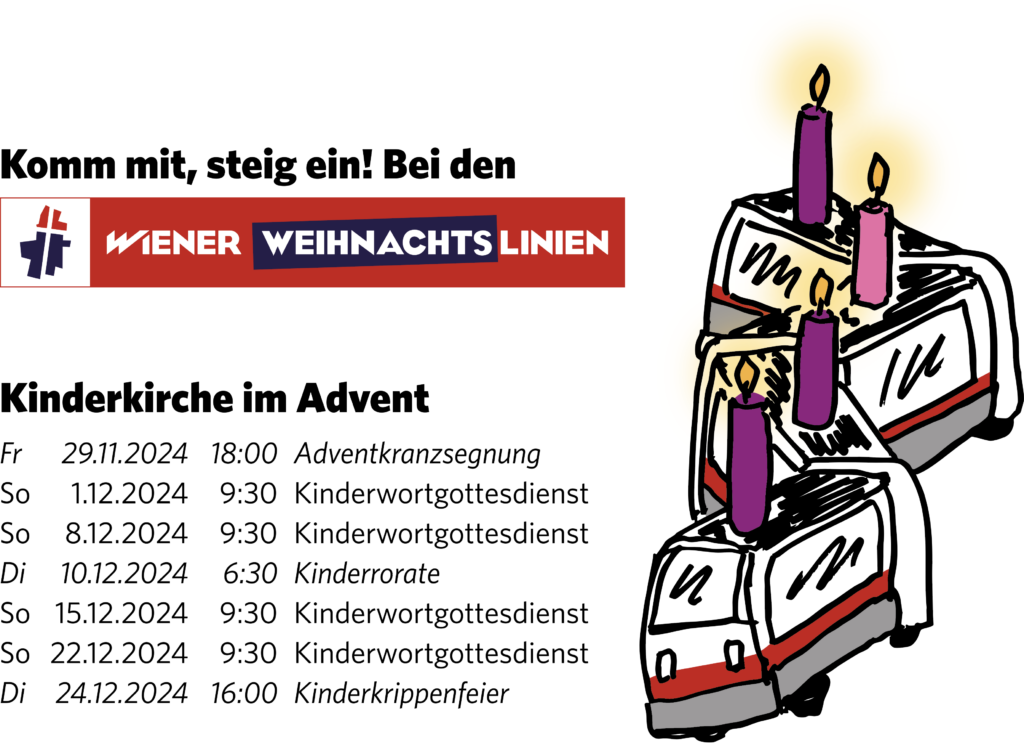 Komm mit, steig ein! Bei den Wiener Weihnachtslinien. Flyer für die Kindergottesdienste im Advent 2024 in der Pfarre Breitenfeld. 